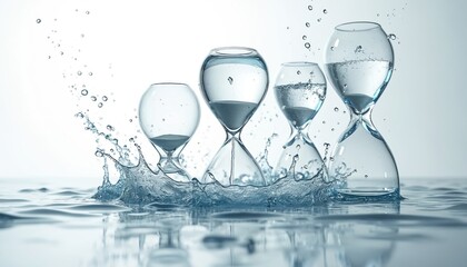 Hourglasses with water splashes symbolize time passing. Floating sand timer clocks surrounded by splashing water. Abstract design concept of time management. Ideal for business projects, deadlines