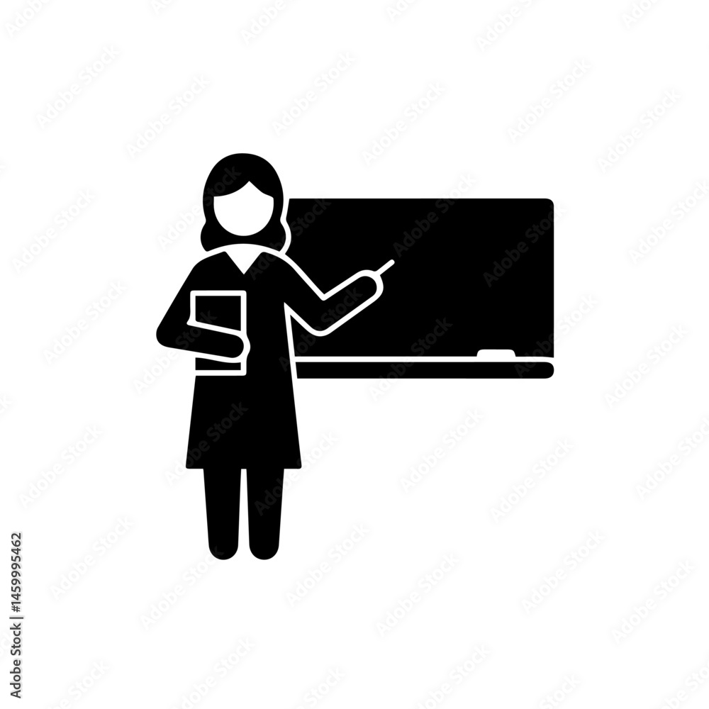 Poster teacher with book explaining lesson on blackboard. educator presenting educational material in class