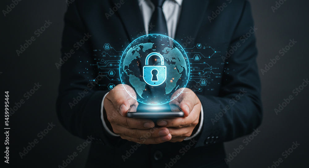 Poster a person holding a phone with a digital globe and padlock security overlay on a dark background busi
