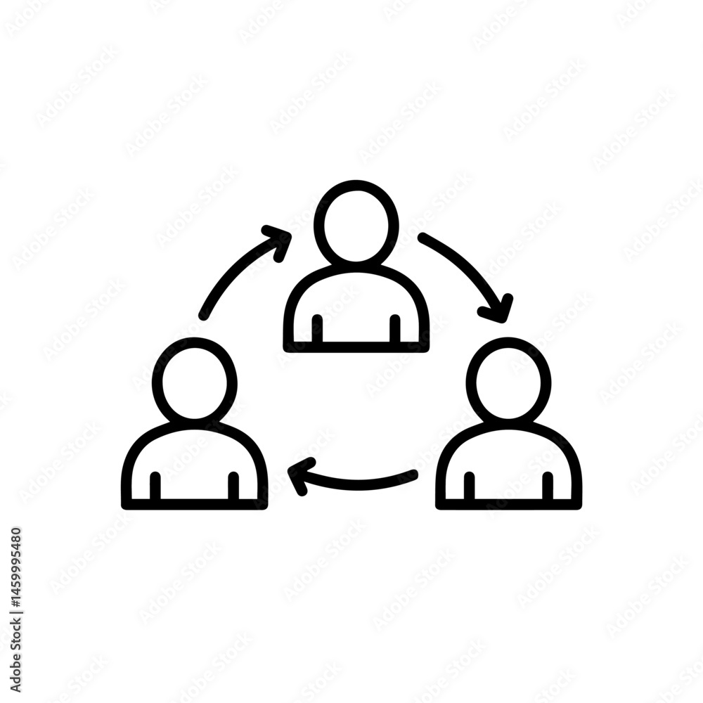 Poster simple line art depicting three people connected in a circle. this graphic shows teamwork collaborat