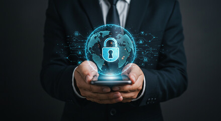 A person holding a phone with a digital globe and padlock security overlay on a dark background business, data