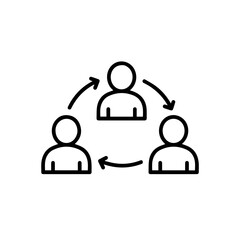 Simple line art depicting three people connected in a circle. This graphic shows teamwork collaboration and communication. Ideal for educational materials, presentations and website design. This image