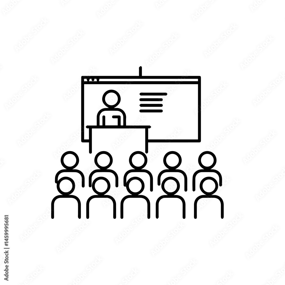 Poster online lecture with speaker at podium and students audience. interactive online class includes teach