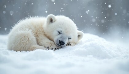 Naklejka premium Cute polar bear cub sleeps peacefully in snow. Winter storm, arctic landscape. Baby animal, white fur, cold, snowy environment. Wildlife photo conveys tranquility, conservation, climate change