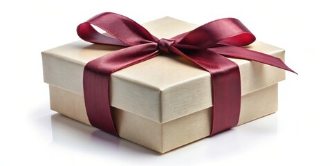 A beige gift box with a burgundy satin ribbon tied in a bow, resting on a white surface, reflecting light.