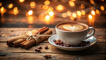 Aromatic Coffee with Heart Shaped Latte Art, Cinnamon Sticks, and Coffee Beans on a Rustic Wooden Table with Warm Bokeh Lights