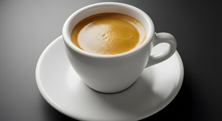 Fototapeta premium A pristine white coffee cup, filled with rich espresso, rests on a matching saucer.