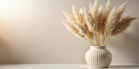A simple arrangement of fluffy pampas grass in a white ceramic vase against a beige wall.