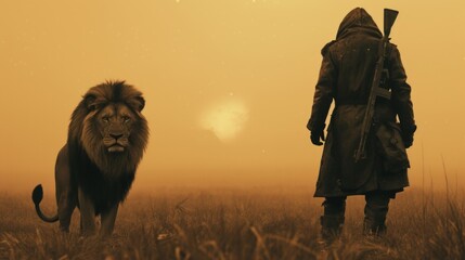 Fantasy Warrior Lion Companion Adventure Epic journey under golden sun