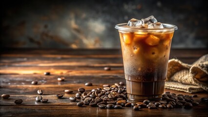 A refreshing iced coffee drink with ice cubes and coffee beans on a rustic wooden table.