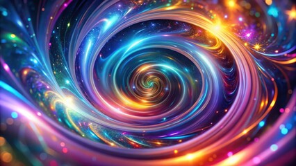 Cosmic Spiral of Light and Color A mesmerizing abstract illustration of a swirling vortex of light and color with a background of twinkling stars.