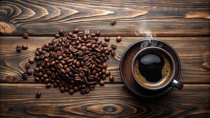 A cup of steaming black coffee on a rustic wooden table with a heap of roasted coffee beans beside it.