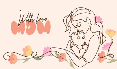Happy Mother day card. Continuous one line drawing. Woman hold her baby