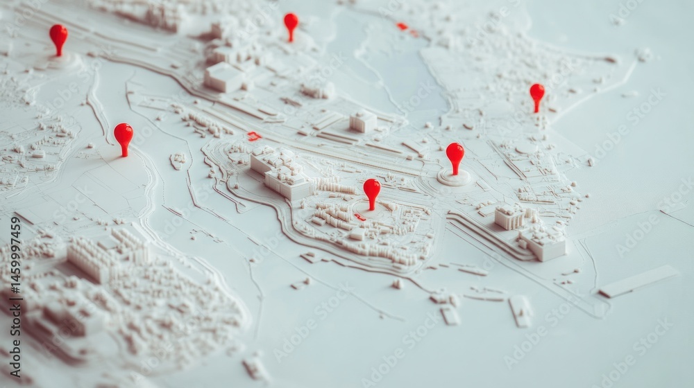 Poster 3 d city map model with red location markers navigation planning