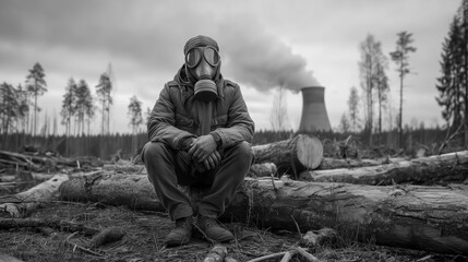 Man in a gas mask against the background of a cut-down forest