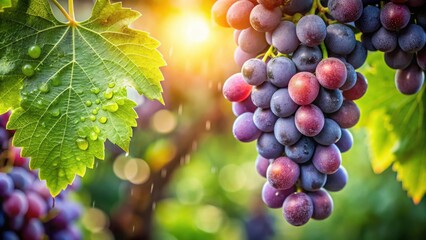 Sunlight bathes a vibrant grapevine, showcasing plump, dewy grapes and a glistening leaf with raindrops