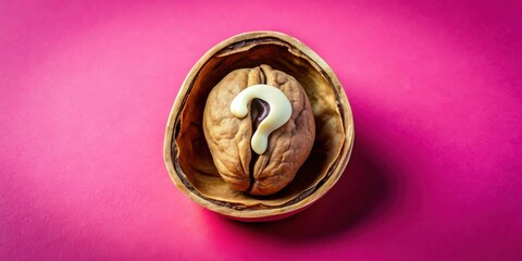 A walnut shell with a question mark in its center on a vibrant pink background, symbolizing the quest for answers and the mysteries within.