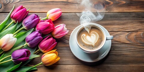 A steaming cup of coffee with a heart-shaped design in the foam next to a bouquet of colorful tulips on a wooden table