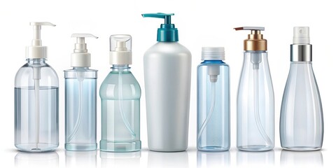 A collection of various transparent plastic bottles with different pump styles, including a spray bottle, and a white opaque bottle with a pump.