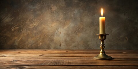 A solitary candle flame illuminates a wooden table with a rustic backdrop
