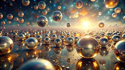 A Field of Shiny Golden Spheres Reflecting the Sunset and a Starry Sky