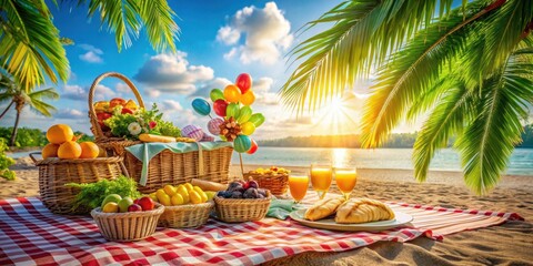 A Tropical Beach Picnic with Baskets of Fresh Fruit, Bread, and Juice under a Palm Tree at Sunset