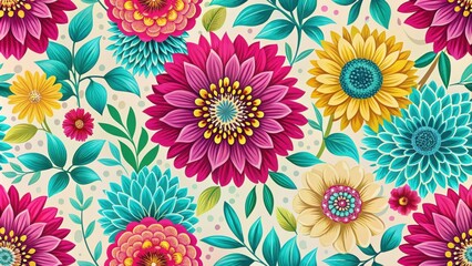 A Vivid Tapestry of Floral Elegance, Featuring Vibrant Blooms in Shades of Pink, Yellow, and Blue, Adorned with Lush Green Foliage