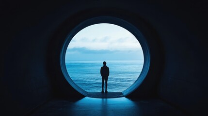 Silhouette of person gazing at ocean through circular aperture (1)