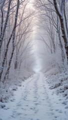 Obraz premium Icy path winds through frosted woodland, sparkling snow, white, forest, nature