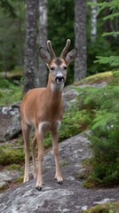 Young Roe Deer Buck Standing Alert in Forest Landscape