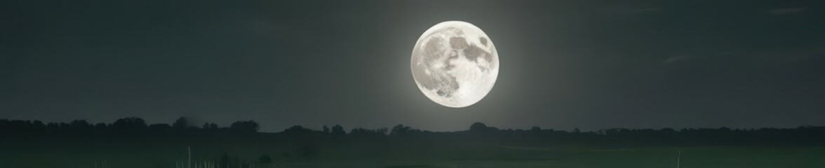 Fototapeta premium Large full moon casts silvery light on lush green field, serene, wildlife habitat
