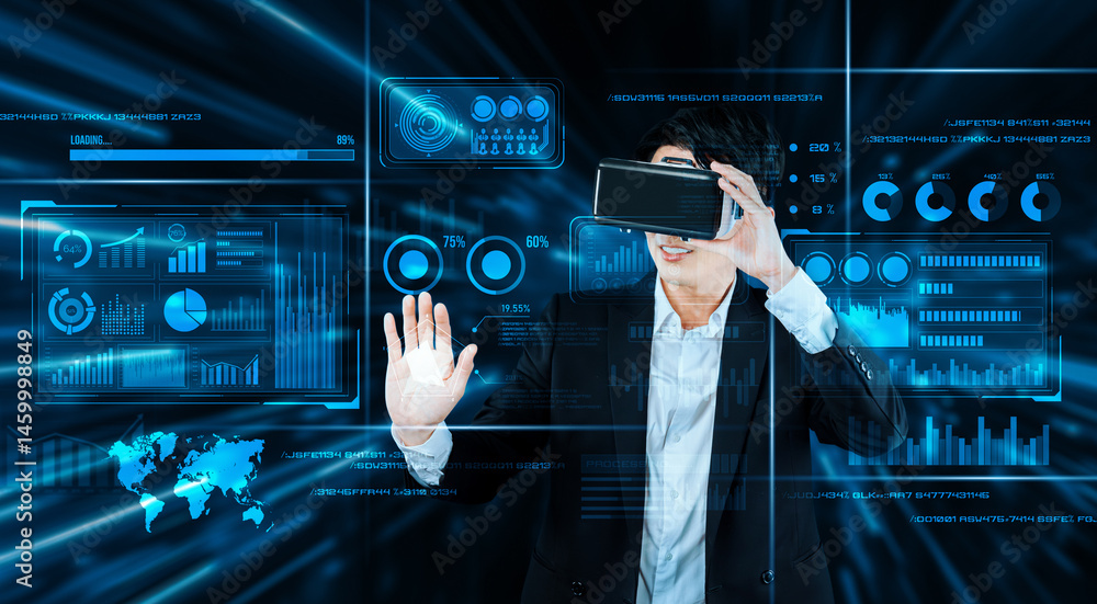 Poster smart business man connecting at global network by using vr glasses. project manager accessing big d