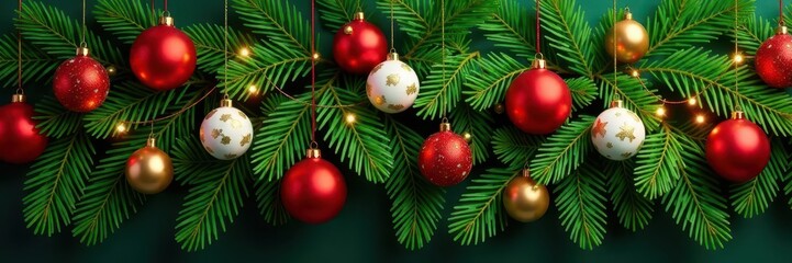 Luxurious evergreen garland draped with glittering gold & vibrant red and white ornaments , red, pine, evergreen