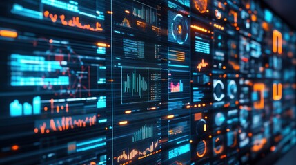 Fototapeta premium Futuristic digital interface glowing data streams and charts