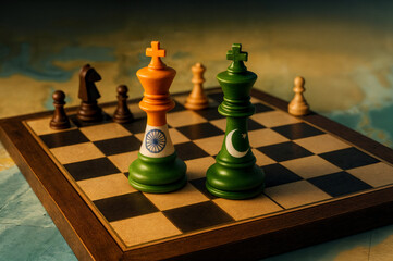 India and Pakistan as kings (chess pieces) face each other on chessboard over world map, symbolizing geopolitical rivalry, conflict and strategic tension. Two countries at war