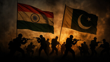 Fototapeta na wymiar Silhouetted soldiers and military vehicles in combat under Indian and Pakistani flags, smoke-filled sky, depicting intense war and geopolitical conflict.