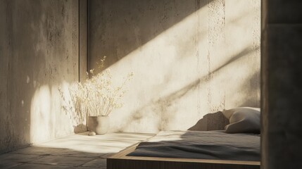 Sunlit minimalist bedroom, tranquil space, interior design, peaceful scene