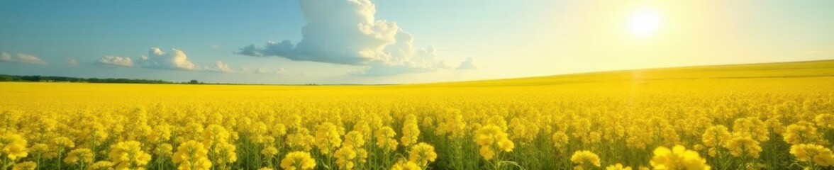 Obraz premium Vast field of vibrant yellow canola blossoms under sunny sky, vibrant, bloom