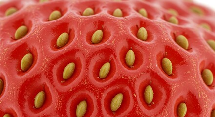 Strawberry surface with seed dimples in macro.
