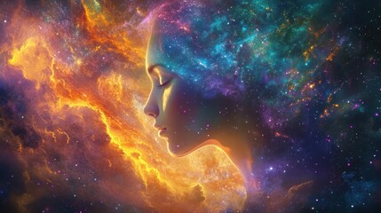 A serene profile of a woman, her head merging with a vibrant nebula of stars and cosmic clouds, depicting inner peace and the connection to the universe..