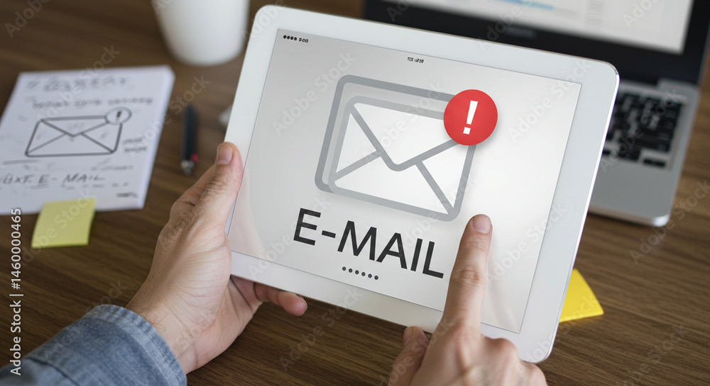 Poster person holding a tablet displaying an email icon with an exclamation point notification symbol busin