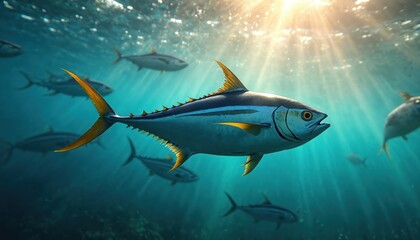 Naklejka premium School of tuna fish swimming in deep blue ocean. Underwater photo captures marine life. Tropical fish, blue water, sunlight rays. Ideal background for marine biology, oceanography, environment topics.