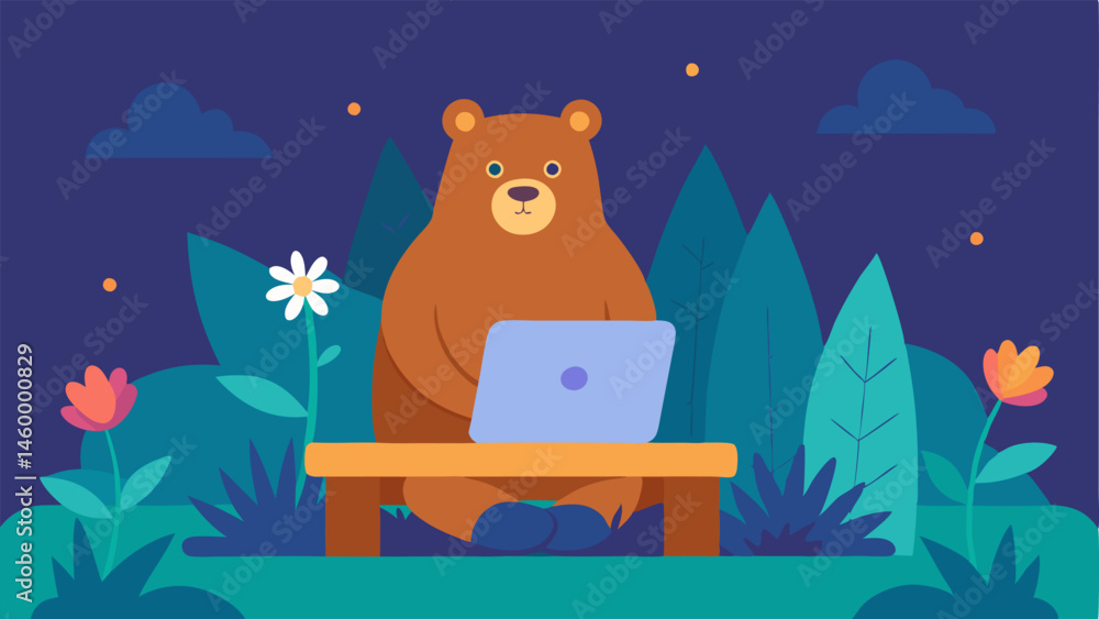Aufkleber techsavvy bear in a serene forest setting a e bear with round ears and big eyes sits upright on a pi