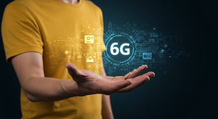 Person holding a digital representation of 6g technology with circuit board elements around it business, data