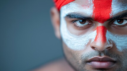 Obraz premium Intense Close-Up Portrait of a Kathakali Artist with Red and White Makeup