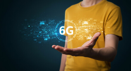 A person holding a glowing symbol of 6g technology with digital icons and circuit board elements business, data