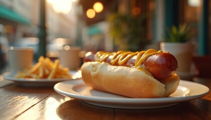 Appetizing hotdog on plate with french fries and coffee on a wooden table in a cafe. Street food. Classic american meal. Delicious fast food. Perfect for lunch or dinner. Unhealthy, tasty snack.