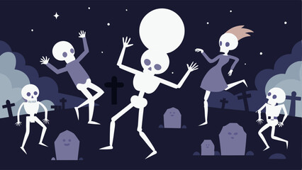 Skeletons Grooving A lively scene in a dark moonlit graveyard featuring several joyful skeletons dancing energetically. Each skeleton strikes a different pose showcasing a variety