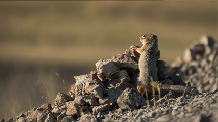 A solitary prairie dog perches atop a mound of rocks in an open field, scanning the landscape under soft lighting, capturing a moment of natural vigilance and serenity.