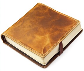 A  vintage-look tan leather-bound journal.  The cover shows a distressed,  aged  appearance